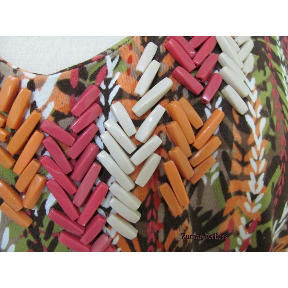 New RUBY RD Womens Large Beads Beaded Global Nomad Sabel Multi Stretch Tee Top - Picture 3 of 6